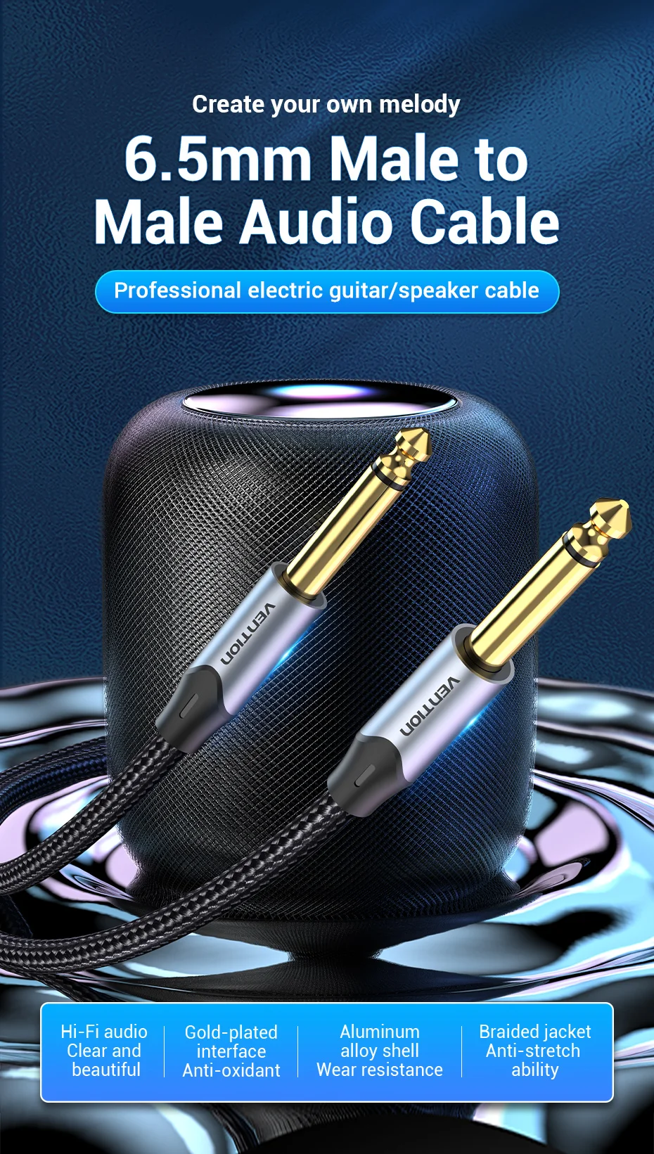 Vention Aux Guitar Cable 6.5 Jack 6.5mm to 6.5mm Audio Cable 6.35mm Aux  Cable for Stereo Guitar Mixer Amplifier Speaker cablenew - PVC Shell BAAB /  2m