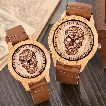 Reloj de pulsera de madera de imitación de calavera para hombre y mujer, cronógrafo de imitación de Calavera, caja acrílica, Reloj de pulsera para amantes, Uhr