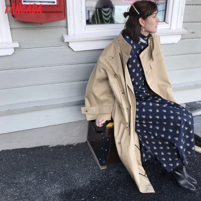 Tangada women solid long trench coat elegant oversized 2019 buttons long sleeve office ladies work wear loose outwear SP13