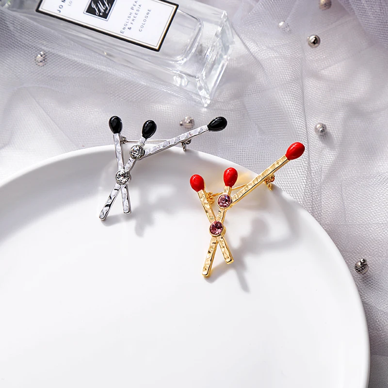 Unique Matchstick Brooch For Women Gifts Red&ampBlack Enamel Delicate Crystal Coat Sweater Pins New Fashion Jewelry Drop Shipping |