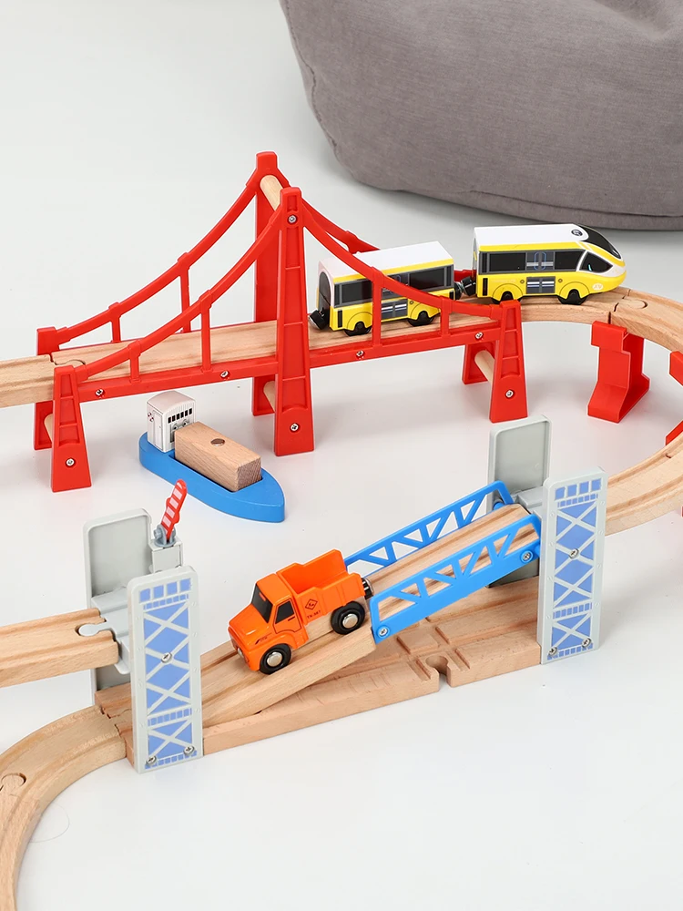 Wooden Train Tracks Railway Toys Set Wooden Double Deck