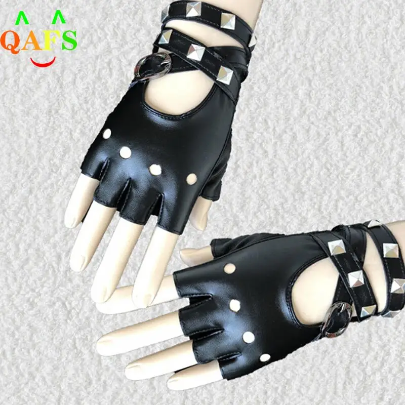 1 Pair Women Punk Short Synthetic Leather Gloves Half Finger Fingerless Gloves Fashion Lady Handsome Black Gloves dancing leather gloves pu leather gloves women rock punk style rivet fingerless black gloves new mittens color black