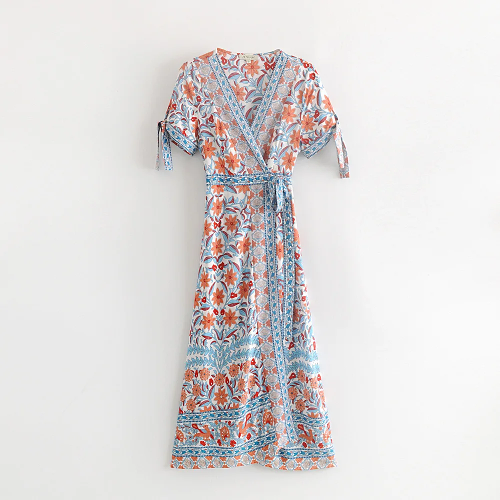 

Europe And America 2019 Amoi pin nv zhuang Vintage V-neck Short Sleeve Slimming Single Row Button Floral Floral Printed Dress Lo