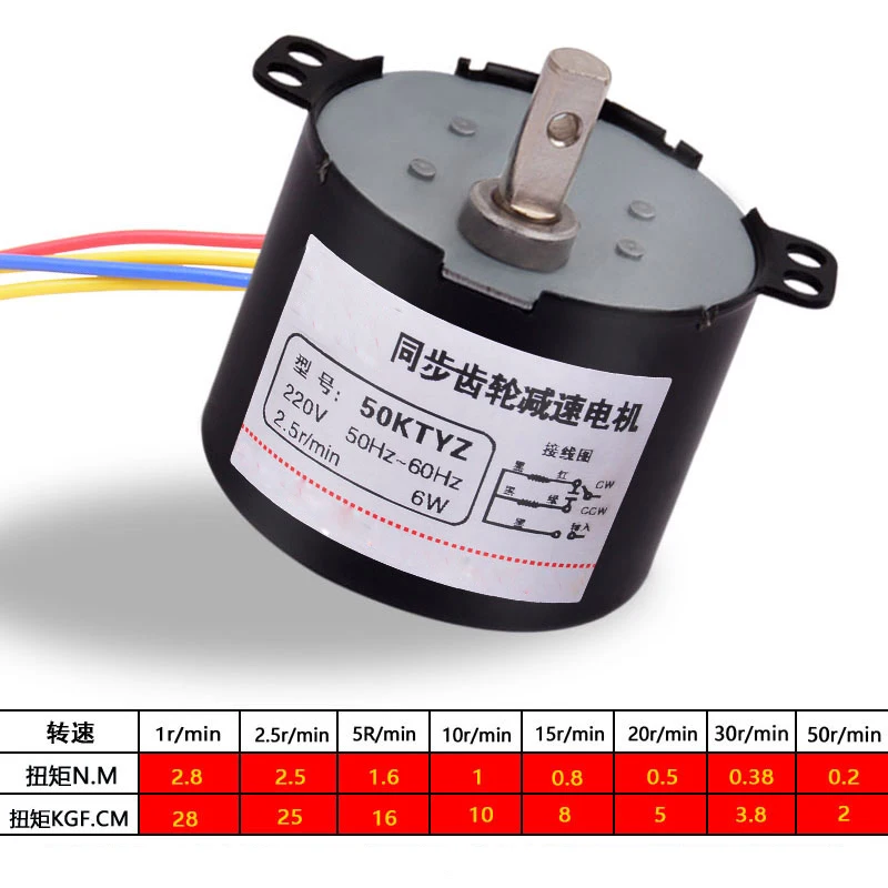 50KTYZ AC 220V 1RPM CHANCS Small Synchronous Geared Motor 6W CW/CCW Low Noise 