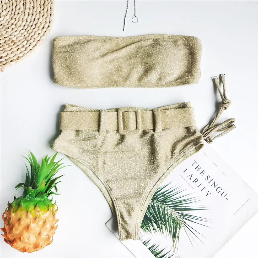 Bandeau Shiny High Waist Bikini Belt Female Swimsuit Women Swimwear Two-pieces Bikini set Strapless Bather Bathing Suit V2408