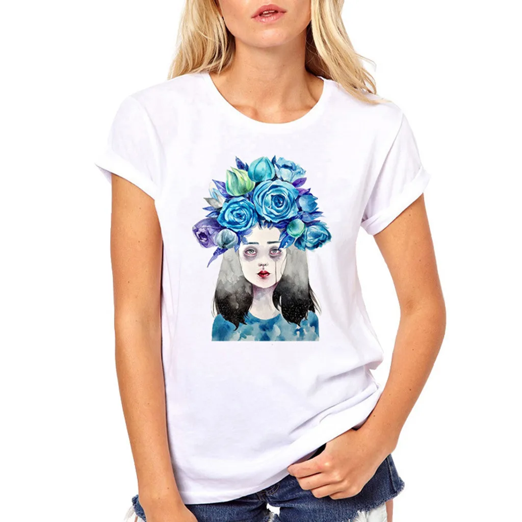 Женская белая футболка с круглым вырезом и короткими рукавами принтом из