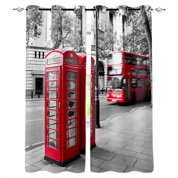 

Red Telephone English Street Window Curtains Living Room Kitchen Curtains for Bedroom Left and Right Biparting Open Curtains