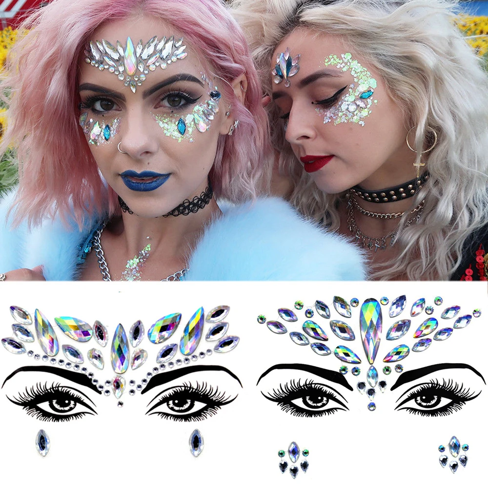 

2019 New Trendy 3D Crystal Sticker Colored Shiny Acrylic Drill Sticker Masquerade Face Shiny Decoration Temporary Tattoo Sticker