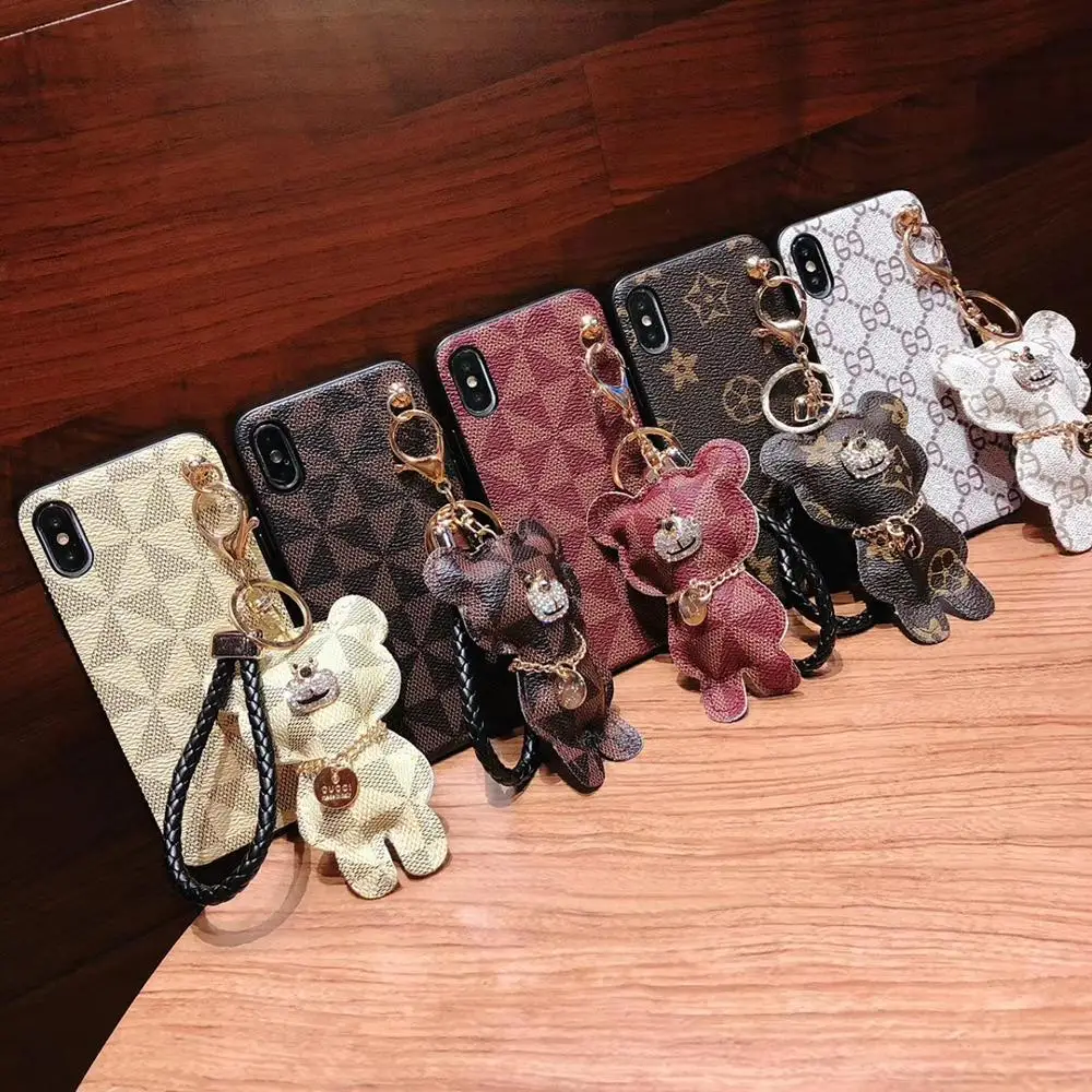 

For iphone 7P X 11 pro Xs Max Xr 8 7 6 6s Mobile Shell Cute Couple 3d Hanging Bear Phone Case Deluxe Pu Leather Drop