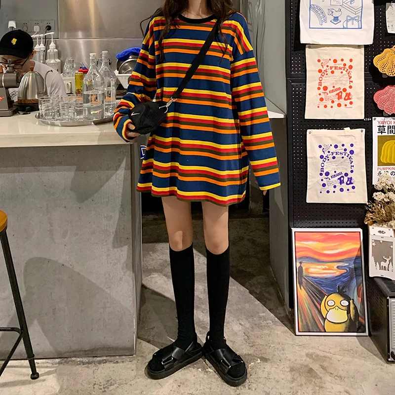 

2019 Summer & Autumn Women Loose Rainbow Stripe Patchwork Plus Size Med- Long Section T-shirts Cotton Free Shipping