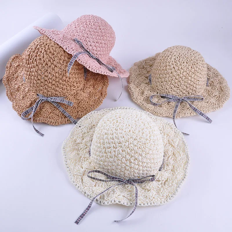 

Summer CHILDREN'S Hat Girls Lace-up Kids Beach Straw Hat Versatile Sun-resistant Topee Princess Outing Bucket Hat