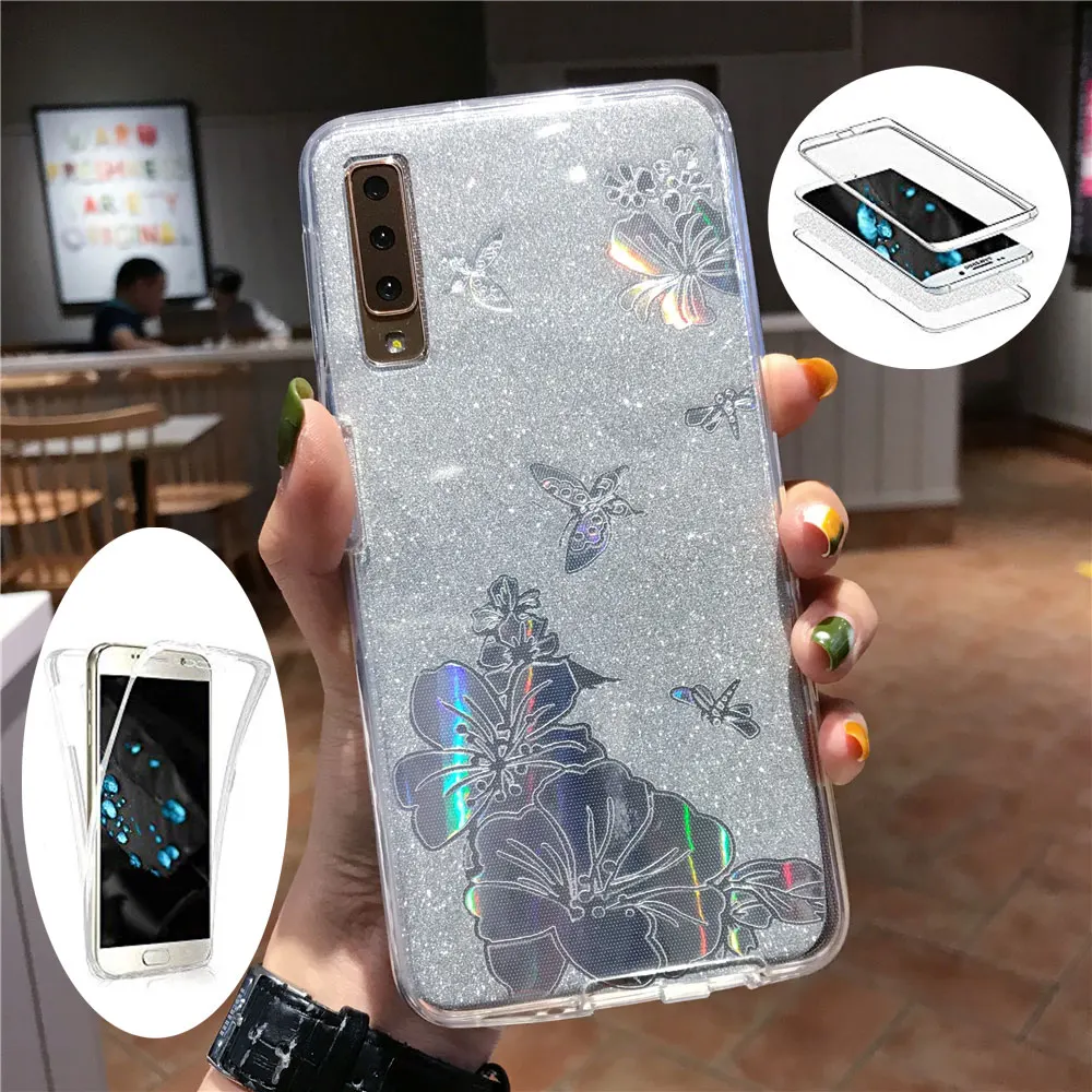 360 PC + TPU Front Back Buterfly Flower Glitter Case For Samsung Galaxy Note 10 9 8 A10 A20E A30 A50 A70 2019 Phone Cases Cover |