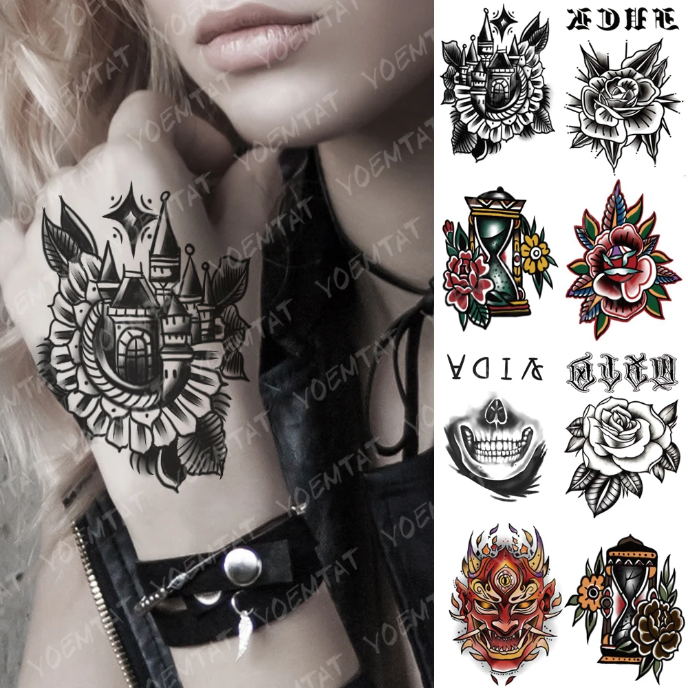 防水一時的なタトゥーステッカーオールドスクール偽タトゥーフラッシュタトゥーアンチスリップストレッチ黒城タトボディーアート女性のための男性 Temporary Tattoos Aliexpress