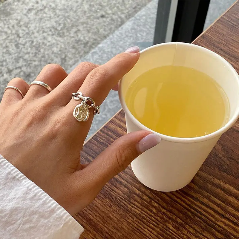 Silver Rings FOXANRY Silver Color Rings Fashion Vintage Couples Simple Hollow Chain Irregular Texture Pendant Party Jewelry for Women