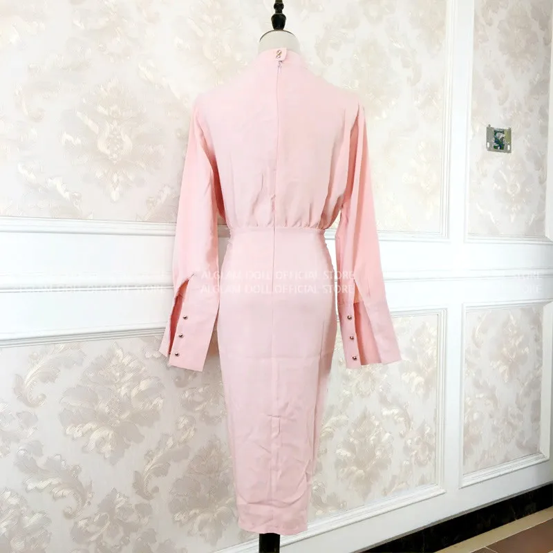 Осеннее однотонное розовое выдалбливающее платье-карандаш длиной до колена с воротником-стойкой, сексуальное облегающее платье для офиса
