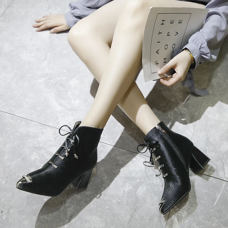 HQFZO Chunky Heels 5cm Autumn Ankle Boots For Women Lace Up Fashion Pointed Toe Bottine Cross-tied Buckle Women Boots Mujer