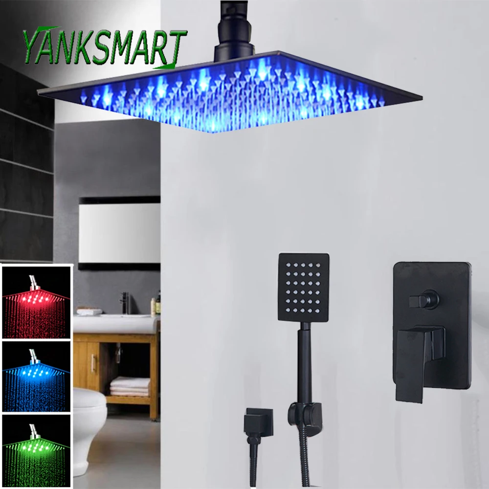 

YANKSMART Black Bathroom Shower Faucet Sets Ceiling Mount 8 12 16 LED Shower Head Rainfall Hand Shower Faucets Set