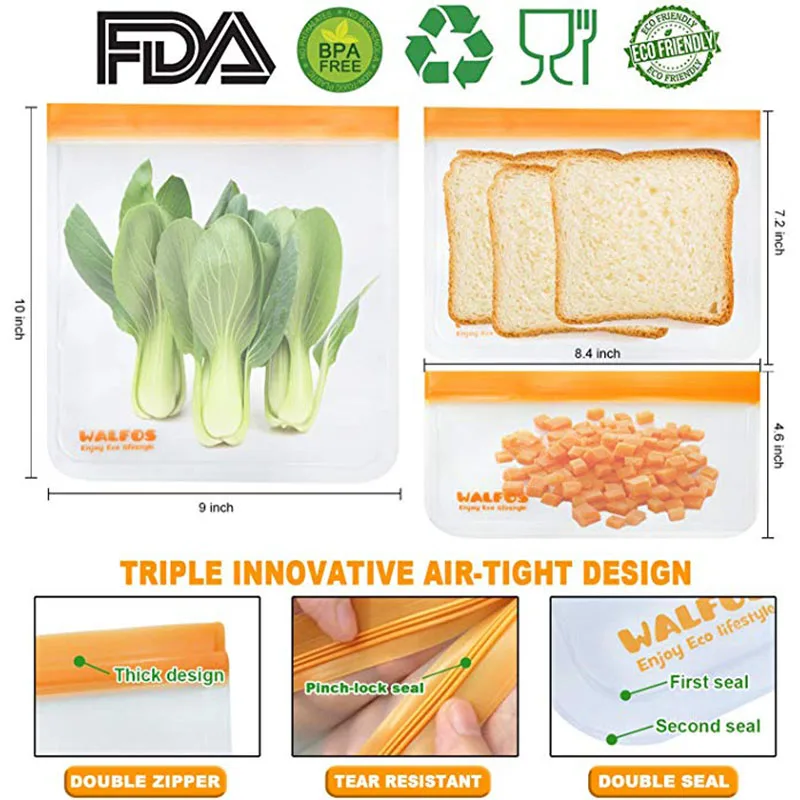 Walfos Food Storage Bag Reusable Freezer Bag Ziplock Bag Leakproof Top Silicone Bag Zero Waste Kitchen Organizer FDA BPA Free