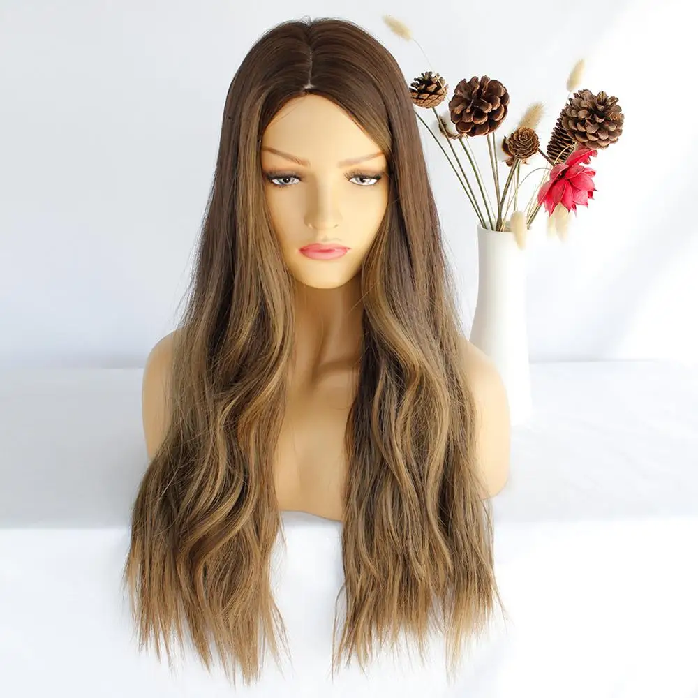 

Anogol BEAUTY Long Wavy Women Wig Middle Part Hair Ombre Synthetic Wigs Brown Black Hightlight Wigs Heat Resistant for Woman