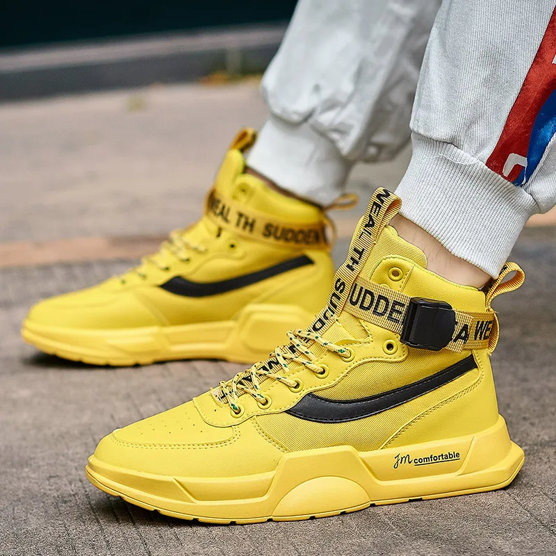 

Popular Men Casual Pu Leather Shoes High Top Fashion Men Sneakers Black Yellow Boy Casual Shoes Buckle Strap Sneakers For Men