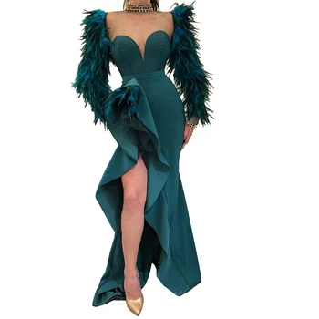 

Arabic Long Sleeves Emerald Green Mermaid Evening Dress Sexy Sweetheart Feathers Women Formal Dress Dubai Kaftan Prom Dresses