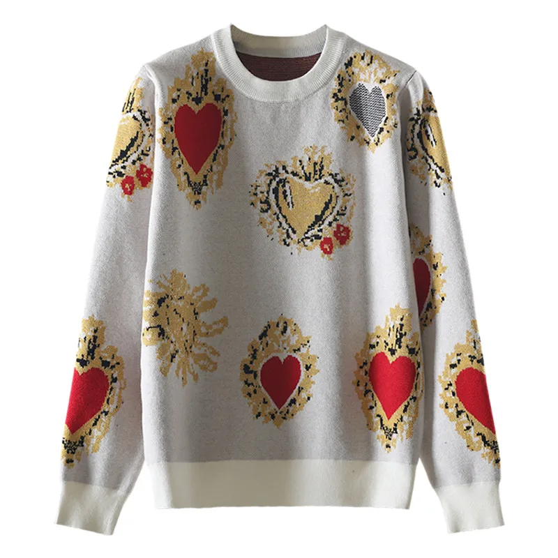 

2019 Vintage Heart Print Women Knitted Sweaters and Pullovers For Women Runway Female Winter Christmas Sweater Jumper Clothes