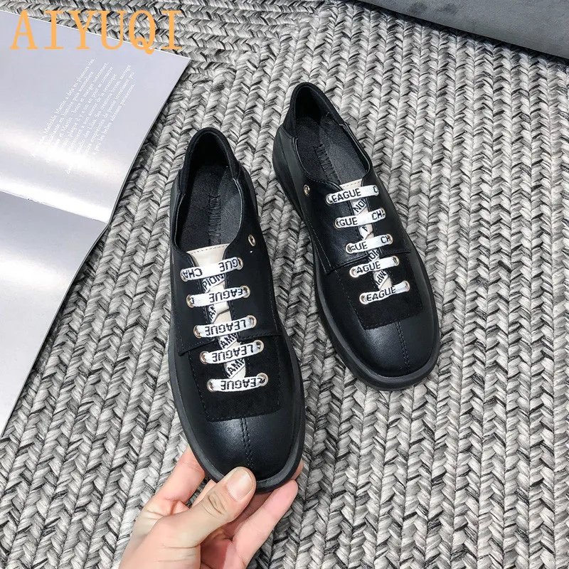 AIYUQI Women's Shoes Black British Style Retro Platform Shoes 2020 Spring New Round Head Lace Up Two Wear Loafers Ladies