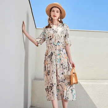 

Women Dress Elegant New 2020 Printed Middle Sleeve V-neck Silk dress Wholesale