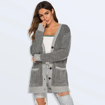 

2019 Autumn New Commuter Large Code Pocket Loose sweater sweater jacket long sweater woman