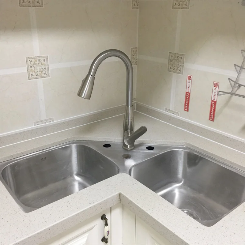 Sinks Corner 304 Stainless Steel Double Sink Corner Wash Basin with Pulling Faucet Vegetable Fruit Wash Pool Kitchen mx9210955