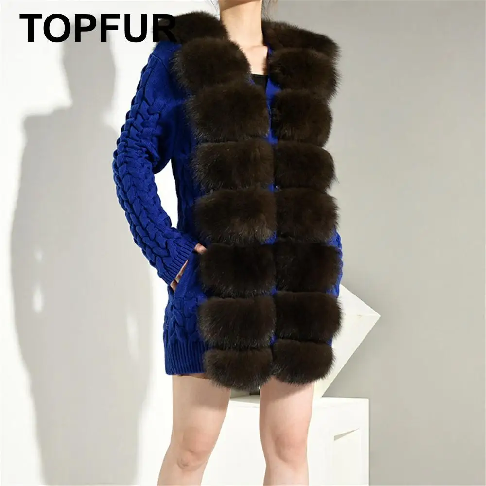 Модное вязаное пальто TOPFUR женское синее с воротником из лисьего меха