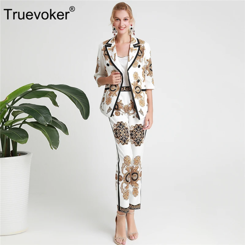 

Truevoker Designer Autumn Two Pieces Suit Women's Noble Long Sleeve Royal Baroque Printed Casual Blazer + Long Pant Sets Suits