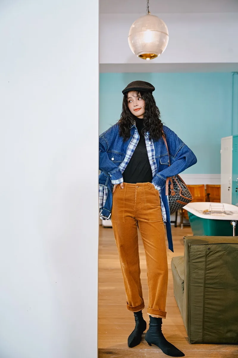 girl Fake Two-piece Shirt Denim Jacket Autumn And Winter New Original Design Women's Loose Plaid Coat Wild 19F-a569