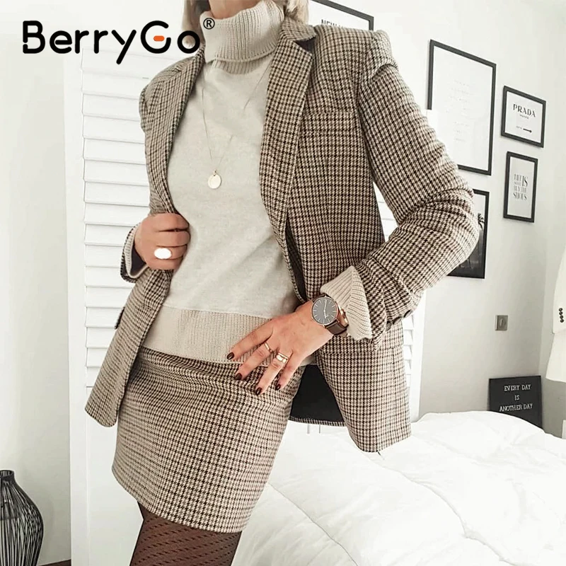 BerryGo Повседневный Женский клетчатый Блейзер, костюмы с длинным рукавом и карманами на пуговицах, Женский блейзер, комплект с юбкой, модный офисный Женский блейзер, наборы