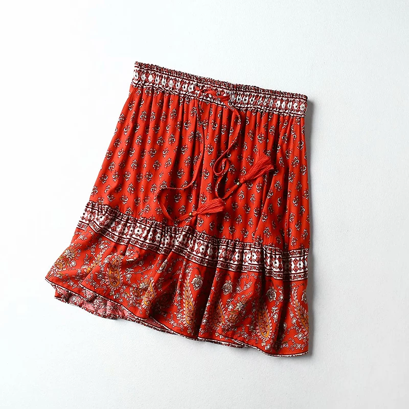 Everkaki юбка для женщин Boho Цветочный Принт кисточки пояса эластичный пояс Женские винтажные Мини юбки низ для женщин Лето Новинка