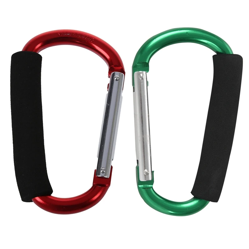 

ABZB-2Pcs Large D Shape Aluminum Alloy Carabiner Soft Handle Shopping Hook Camp Hook Outdoor Key Ring Green - Red & Green
