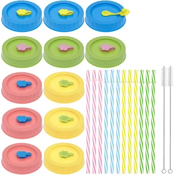 

Mason Jar Lid with Straw Hole,Plastic Straw,Silicone Ring,Cleaning Brush,Lid,Perfect for Drinking and Food Storage 26Pcs