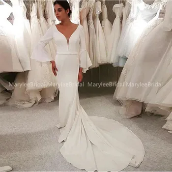 

V-neck Modest Wedding Dress With Long Bell Sleeves Elegant Mermaid Bruidsjurk White Ivory Women Bridal Dress For Winter Wedding