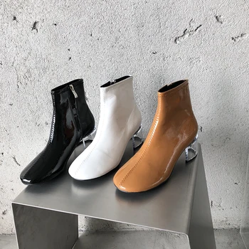 

Women Round Toe Ankle Boots Fashion Clear Mid Heels Fashion Slides Patent Leather Ladies Gladiator Short Boots Winter Boots