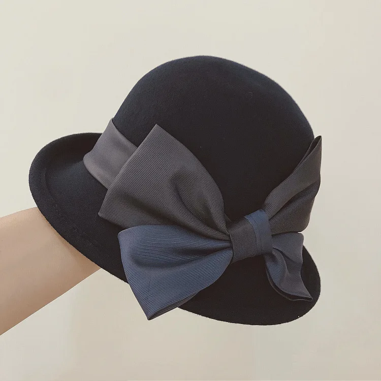Navy blue Фибоначчи модный галстук-бабочка Fedora топ шляпа для женщин Женский котелок из шерсти фетровая шляпа с полями гофрированная церковная винтажная шапка Chapeau Fedora - Цвет: Navy blue