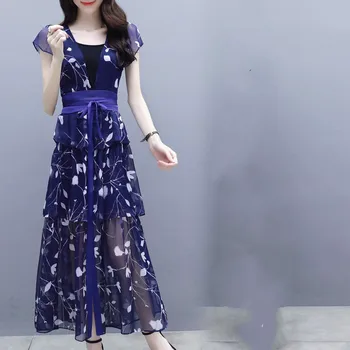 

2020 New Summer Women Chiffon Floral Printed Slim Dress Female Short Sleeve V-neck Cake Sashes Elegant Long Dresses Vestidos H79