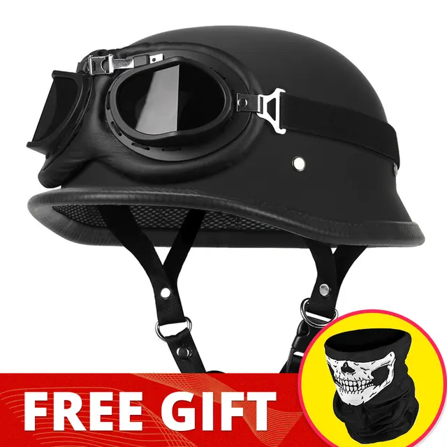 Motorcycle Helmet German Leather Vintage Casco Moto Motorcycle Open Face Retro Half Helmet Chopper Biker Pilot DOT Size S-XXL 307-Matte BK-Glass2