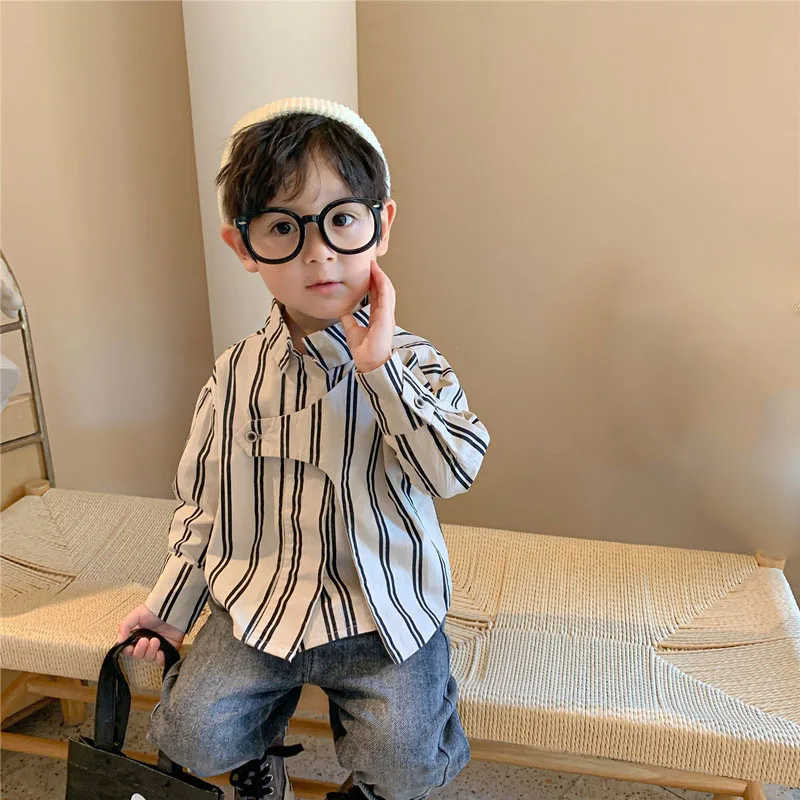 Children'S Shirts Boys' Baby Autumn Clothes Children'S Tops Spring Vertical Strips Stitching Design Boys' Long-Sleeved Shirts