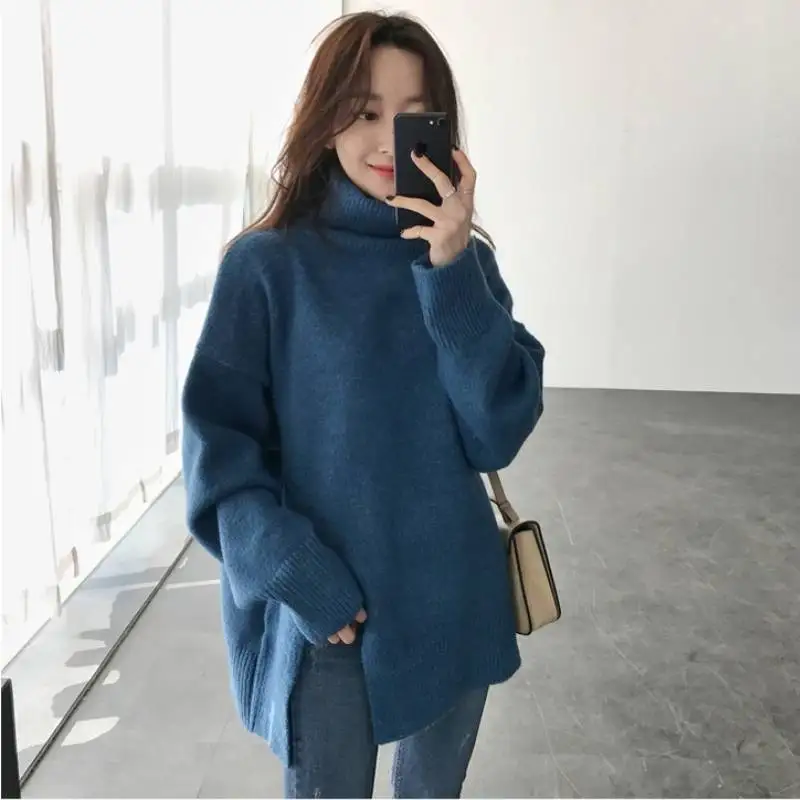 

Autumn Winter Oversized Women Knitted Sweater Jumpers Turtleneck Long Sleeve Split Solid Pullovers Jumpers Female 2020