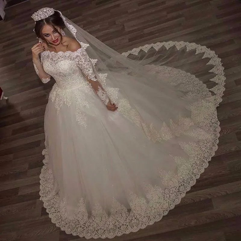 Robes de mariee, платье принцессы с вырезом лодочкой, кружевные аппликационные свадебные платья, бальное платье с длинным рукавом, платье невесты с вуалью