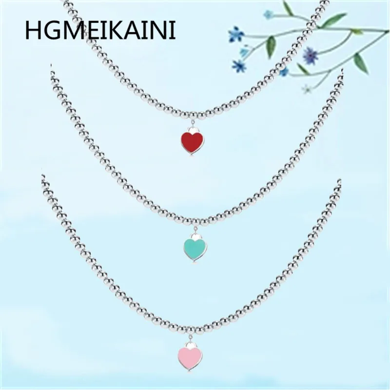 

Tiff HGMEIKAINI 925% pure silver necklace 4 mm round bead string act the role ofing is tasted red enamel pendant ms love gift