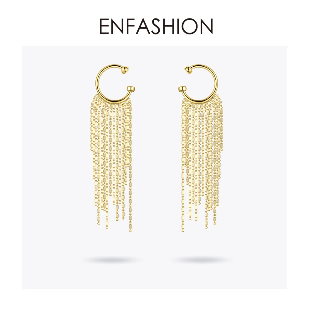 ENFASHION, С-образные длинные серьги-манжеты с кисточками, клипсы для женщин, золотые блестящие серьги в стиле панк без пирсинга, ювелирные изделия E191135 - Окраска металла: Yellow gold color