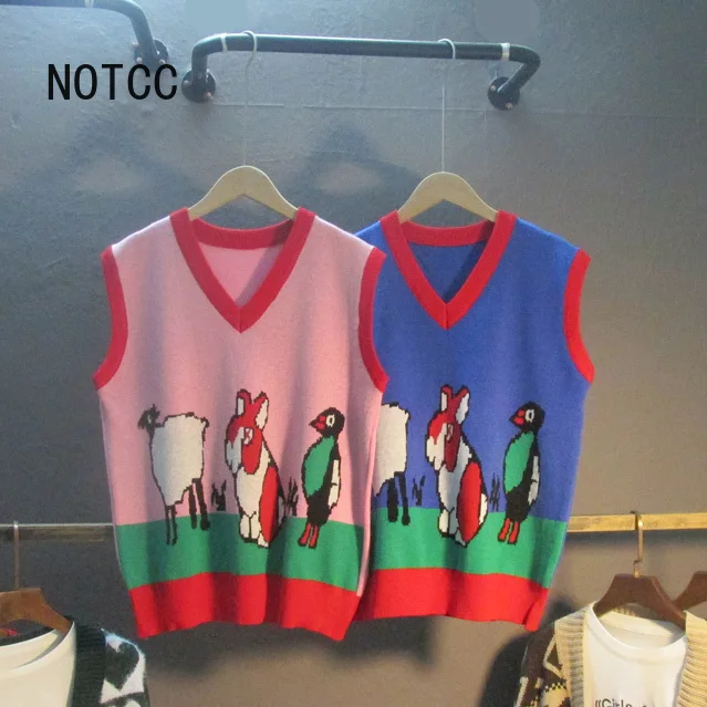 

Cartoon Print Knitted Soft Sweater Vest for Women Tops Clothing Good Quality Real Photos