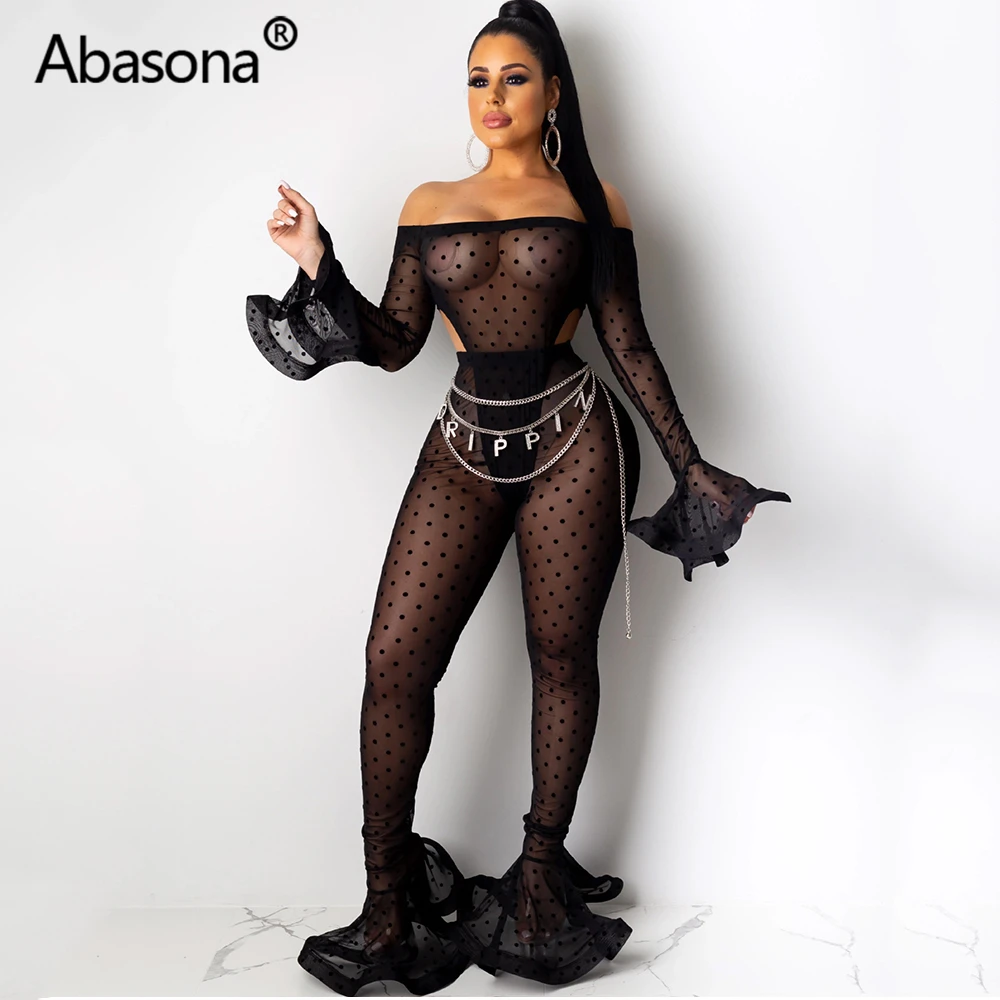 Abasona, Осень-зима, прозрачный сетчатый комбинезон с длинным рукавом, комплект из 2 предметов, сексуальный Облегающий комбинезон, женский комбинезон, длинные штаны, вечерние, одежда для ночного клуба