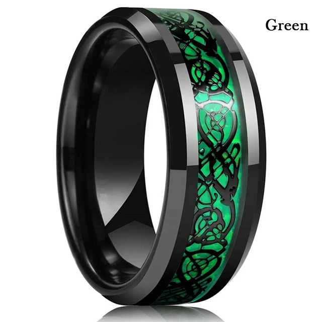 10 Colors 8mm Men's Stainless Steel Celtic Dragon Ring Inlay Red Green Black Carbon Fiber Ring Wedding Band Jewelry Size 6-13 Green